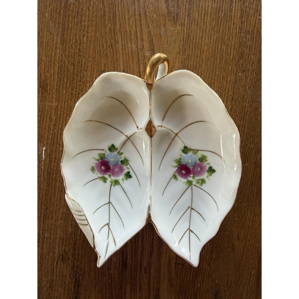 Vintage Made in Japan Leaf Porcelain Hand Painted Flower Trinket Candy Dish